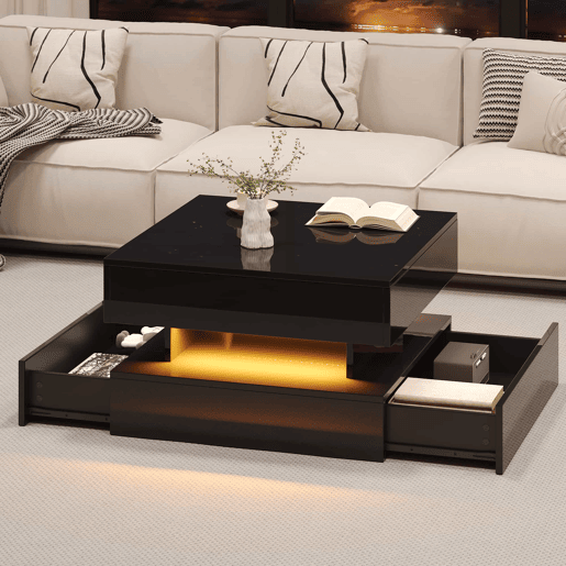 Mesa de centro 65x65x38,5 cm - Mesa de sala elevável, mesa auxiliar, mesa de café com LED, 2 gavetas, design geométrico - Preto