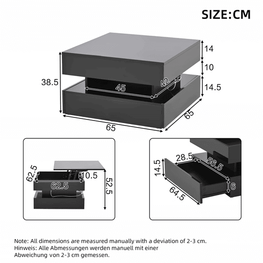 Mesa de centro 65x65x38,5 cm - Mesa de sala elevável, mesa auxiliar, mesa de café com LED, 2 gavetas, design geométrico - Preto