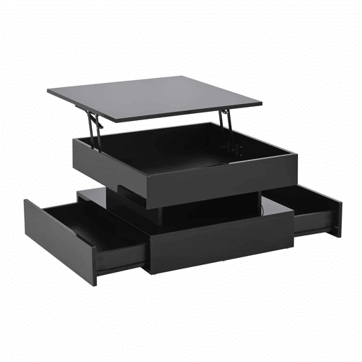 Mesa de centro 65x65x38,5 cm - Mesa de sala elevável, mesa auxiliar, mesa de café com LED, 2 gavetas, design geométrico - Preto