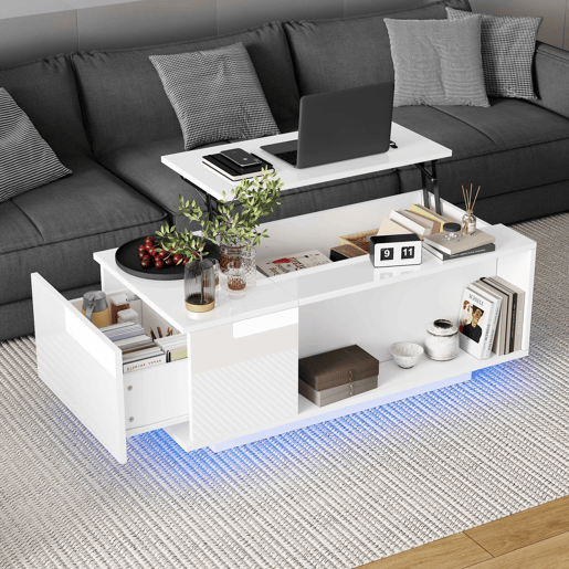 Mesa de centro 100x50x40 cm - Mesa de café ajustável com arrumação oculta, mesa auxiliar com luz LED, mesa de sala com gaveta - Branca