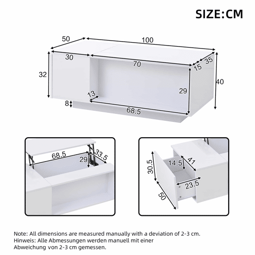 Mesa de centro 100x50x40 cm - Mesa de café ajustável com arrumação oculta, mesa auxiliar com luz LED, mesa de sala com gaveta - Branca