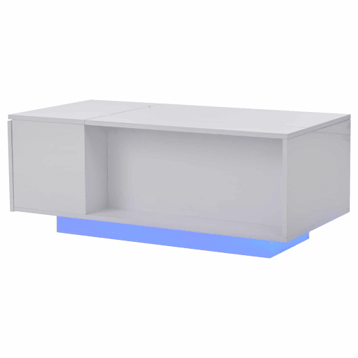 Mesa de centro 100x50x40 cm - Mesa de café ajustável com arrumação oculta, mesa auxiliar com luz LED, mesa de sala com gaveta - Branca