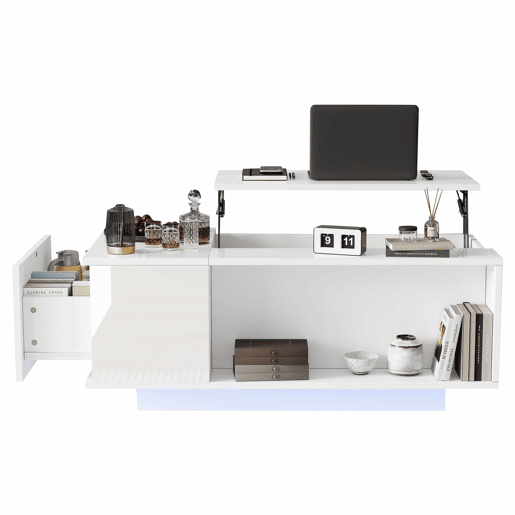Mesa de centro 100x50x40 cm - Mesa de café ajustável com arrumação oculta, mesa auxiliar com luz LED, mesa de sala com gaveta - Branca