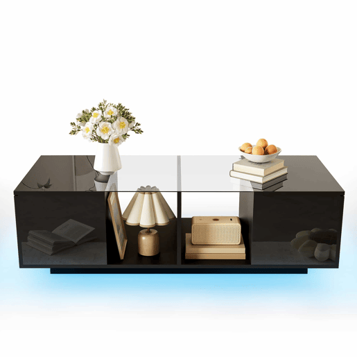 Mesa de centro com LED multicolorido - 2 portas com dobradiças e prateleira de vidro - Preto