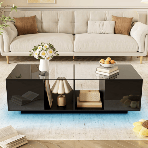 Mesa de centro com LED multicolorido - 2 portas com dobradiças e prateleira de vidro - Preto