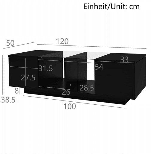 Mesa de centro com LED multicolorido - 2 portas com dobradiças e prateleira de vidro - Preto