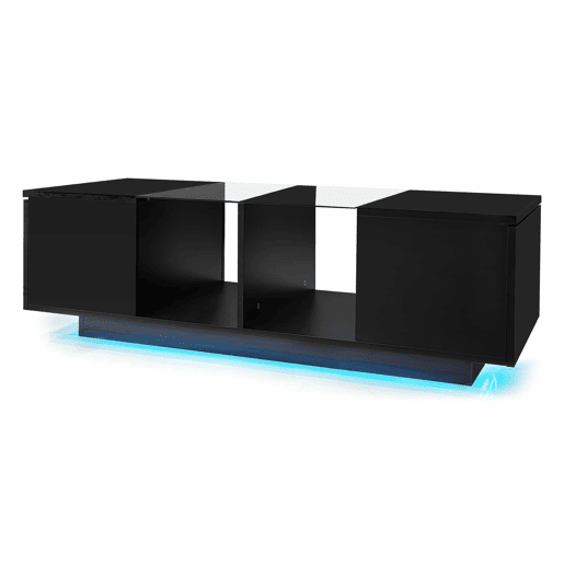 Mesa de centro com LED multicolorido - 2 portas com dobradiças e prateleira de vidro - Preto