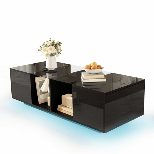 Mesa de centro com LED multicolorido - 2 portas com dobradiças e prateleira de vidro - Preto