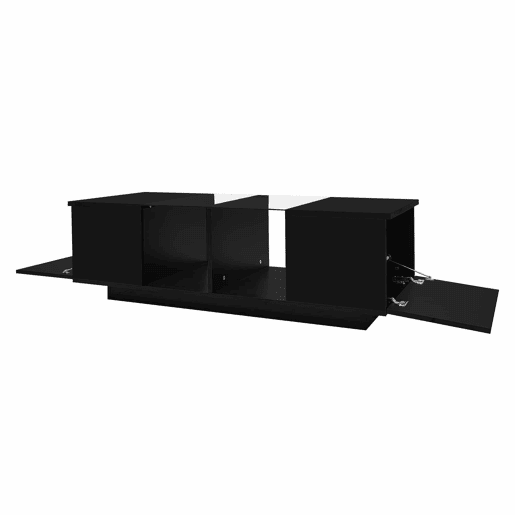 Mesa de centro com LED multicolorido - 2 portas com dobradiças e prateleira de vidro - Preto
