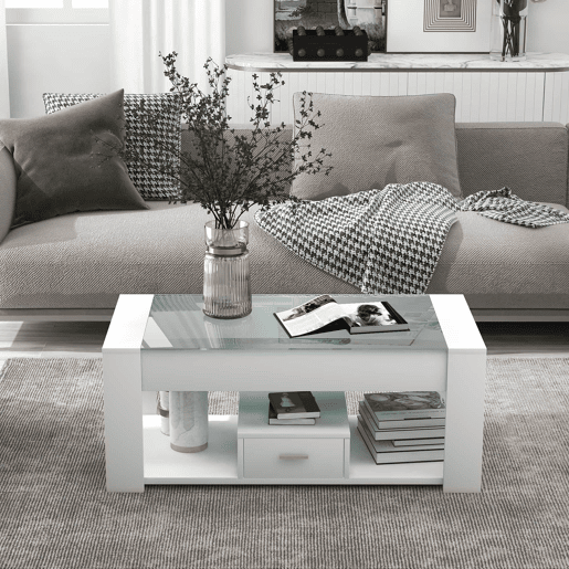 Mesa de sala 100x50x40 cm - Com superfície de vidro, compartimentos e arrumação - Branca Mesa de sala 100x50x40 cm - Com superfície de vidro, compartimentos e arrumação - Branca