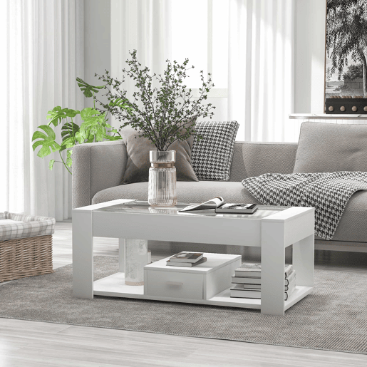 Mesa de sala 100x50x40 cm - Com superfície de vidro, compartimentos e arrumação - Branca Mesa de sala 100x50x40 cm - Com superfície de vidro, compartimentos e arrumação - Branca