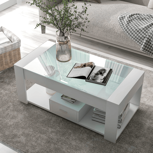 Mesa de sala 100x50x40 cm - Com superfície de vidro, compartimentos e arrumação - Branca Mesa de sala 100x50x40 cm - Com superfície de vidro, compartimentos e arrumação - Branca