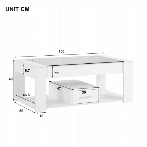 Mesa de sala 100x50x40 cm - Com superfície de vidro, compartimentos e arrumação - Branca Mesa de sala 100x50x40 cm - Com superfície de vidro, compartimentos e arrumação - Branca