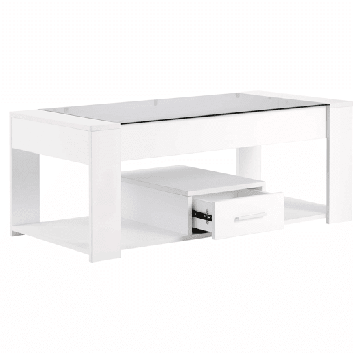 Mesa de sala 100x50x40 cm - Com superfície de vidro, compartimentos e arrumação - Branca Mesa de sala 100x50x40 cm - Com superfície de vidro, compartimentos e arrumação - Branca