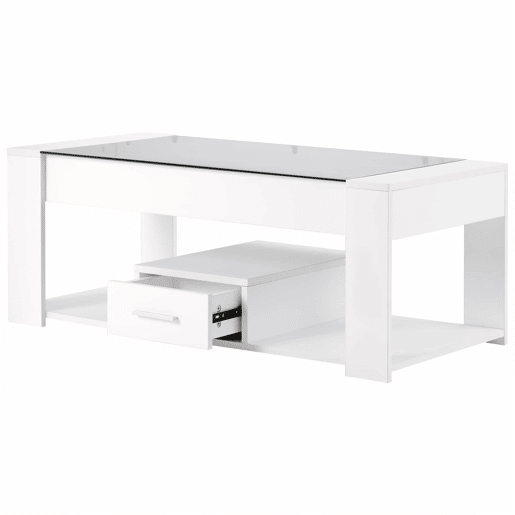 Mesa de sala 100x50x40 cm - Com superfície de vidro, compartimentos e arrumação - Branca Mesa de sala 100x50x40 cm - Com superfície de vidro, compartimentos e arrumação - Branca