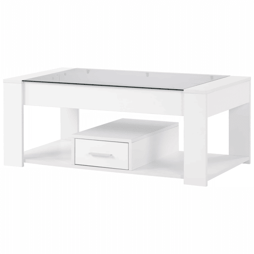 Mesa de sala 100x50x40 cm - Com superfície de vidro, compartimentos e arrumação - Branca Mesa de sala 100x50x40 cm - Com superfície de vidro, compartimentos e arrumação - Branca