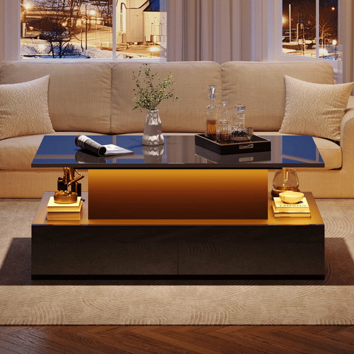 Mesa de sala moderna 90x55x41 cm - Mesa auxiliar com 4 gavetas e iluminação LED - Preta