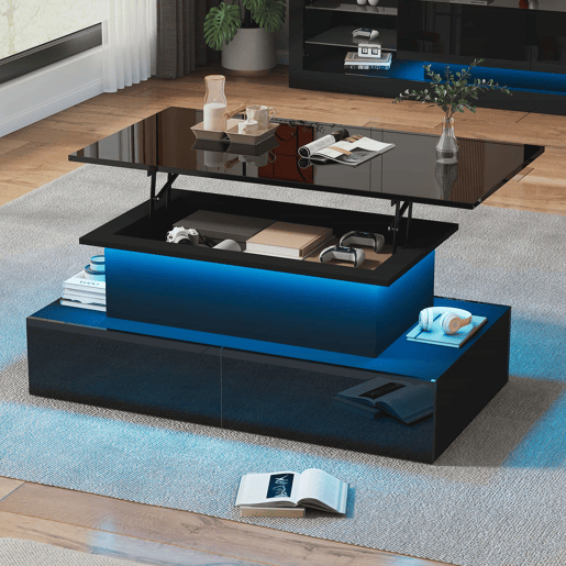 Mesa de sala moderna 90x55x41 cm - Mesa auxiliar com 4 gavetas e iluminação LED - Preta