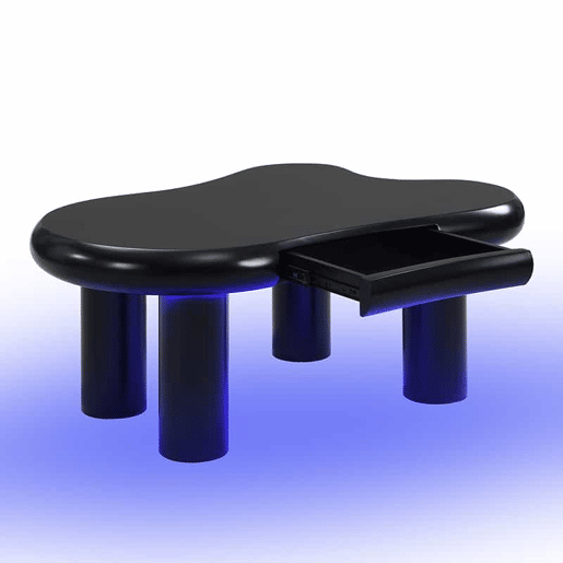 Mesa de centro - Formato nuvem - Com iluminação LED de 16 cores - Com gaveta - Preta