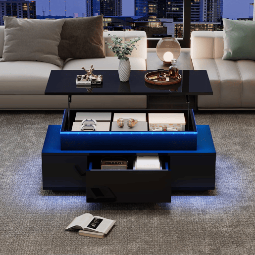 Mesa de centro 96x45x40 cm - Mesa de café elevável com arrumação oculta e gaveta - Preto Mesa de centro 96x45x40 cm - Mesa de café elevável com arrumação oculta e gaveta - Preto