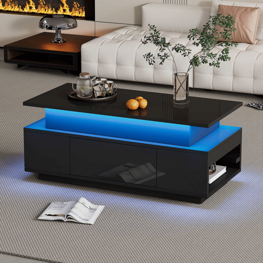 Mesa de centro 96x45x40 cm - Mesa de café elevável com arrumação oculta e gaveta - Preto Mesa de centro 96x45x40 cm - Mesa de café elevável com arrumação oculta e gaveta - Preto