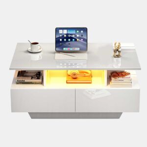Mesa de centro moderna 90x55x41 cm - Com LED, 2 gavetas, design elegante - Branco