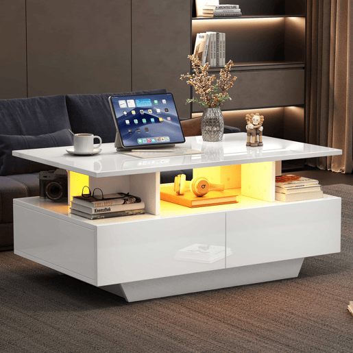 Mesa de centro moderna 90x55x41 cm - Com LED, 2 gavetas, design elegante - Branco