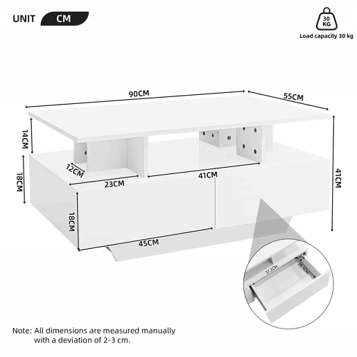 Mesa de centro moderna 90x55x41 cm - Com LED, 2 gavetas, design elegante - Branco