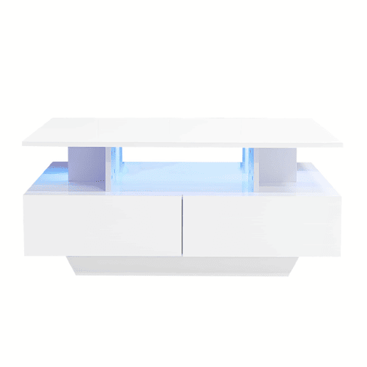 Mesa de centro moderna 90x55x41 cm - Com LED, 2 gavetas, design elegante - Branco