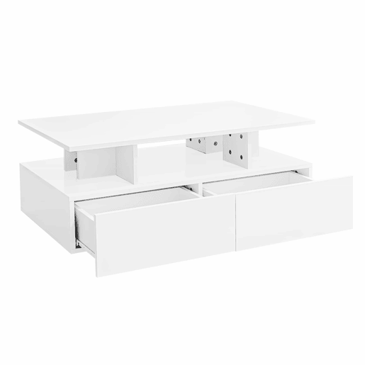 Mesa de centro moderna 90x55x41 cm - Com LED, 2 gavetas, design elegante - Branco