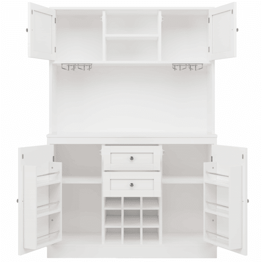Armário de cozinha com prateleiras ajustáveis e garrafeira - Armário alto com 4 portas e 2 gavetas - Branco
