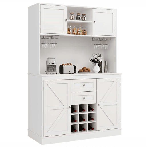 Armário de cozinha com prateleiras ajustáveis e garrafeira - Armário alto com 4 portas e 2 gavetas - Branco