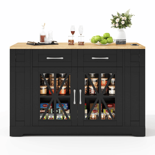Ilha de cozinha 120 cm - com mesa dobrável, prateleiras abertas, tomada AC e USB, porta de vidro, rodas com travão - Preto+Natural