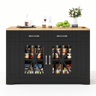 Ilha de cozinha 120 cm - com mesa dobrável, prateleiras abertas, tomada AC e USB, porta de vidro, rodas com travão - Preto+Natural