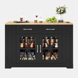 Ilha de cozinha 120 cm - com mesa dobrável, prateleiras abertas, tomada AC e USB, porta de vidro, rodas com travão - Preto+Natural