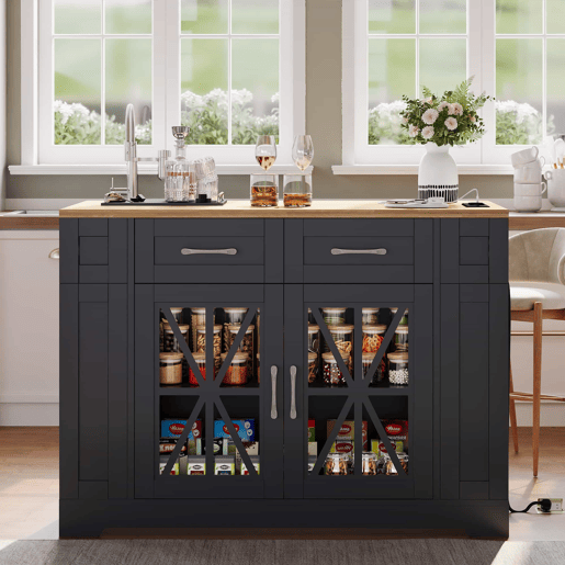 Ilha de cozinha 120 cm - com mesa dobrável, prateleiras abertas, tomada AC e USB, porta de vidro, rodas com travão - Preto+Natural