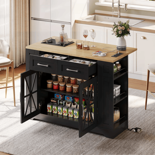 Ilha de cozinha 120 cm - com mesa dobrável, prateleiras abertas, tomada AC e USB, porta de vidro, rodas com travão - Preto+Natural