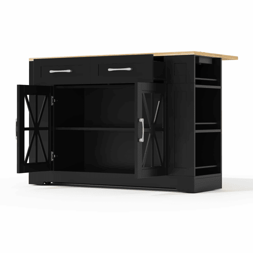 Ilha de cozinha 120 cm - com mesa dobrável, prateleiras abertas, tomada AC e USB, porta de vidro, rodas com travão - Preto+Natural