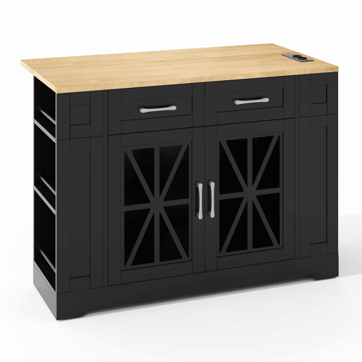 Ilha de cozinha 120 cm - com mesa dobrável, prateleiras abertas, tomada AC e USB, porta de vidro, rodas com travão - Preto+Natural