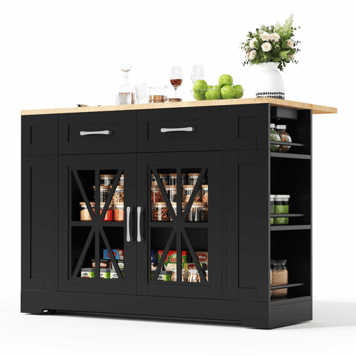 Ilha de cozinha 120 cm - com mesa dobrável, prateleiras abertas, tomada AC e USB, porta de vidro, rodas com travão - Preto+Natural