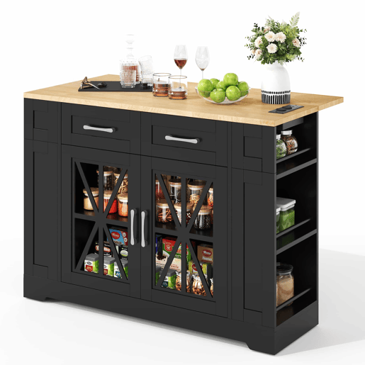 Ilha de cozinha 120 cm - com mesa dobrável, prateleiras abertas, tomada AC e USB, porta de vidro, rodas com travão - Preto+Natural
