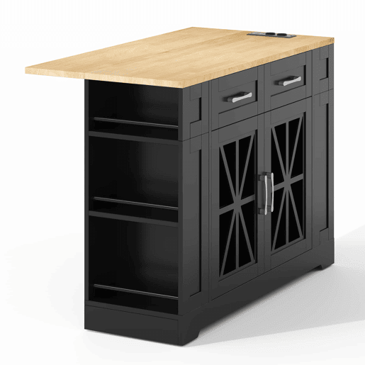 Ilha de cozinha 120 cm - com mesa dobrável, prateleiras abertas, tomada AC e USB, porta de vidro, rodas com travão - Preto+Natural