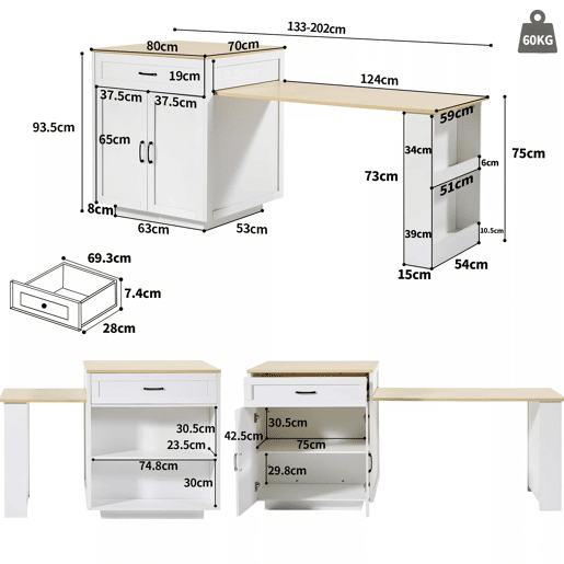 Mesa de bar extensível 133-202x70x93,5 cm - com 2 gavetas e 2 compartimentos - para 2-6 pessoas - branca