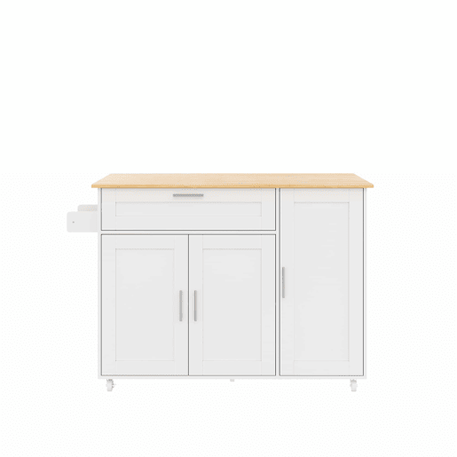 Mesa de cozinha móvel 132,5x44(70)x90 cm - design dobrável, prateleira para temperos, 5 rodas - Branco + Natural