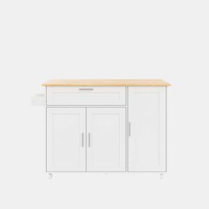Mesa de cozinha móvel 132,5x44(70)x90 cm - design dobrável, prateleira para temperos, 5 rodas - Branco + Natural