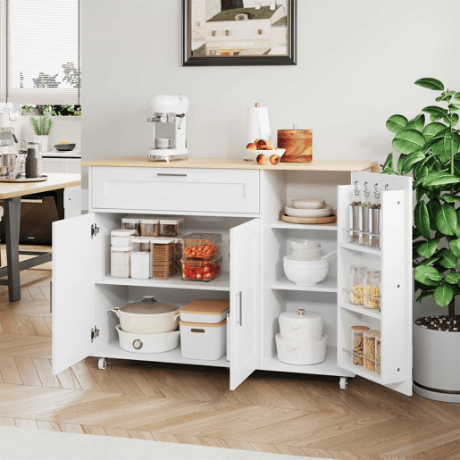 Mesa de cozinha móvel 132,5x44(70)x90 cm - design dobrável, prateleira para temperos, 5 rodas - Branco + Natural