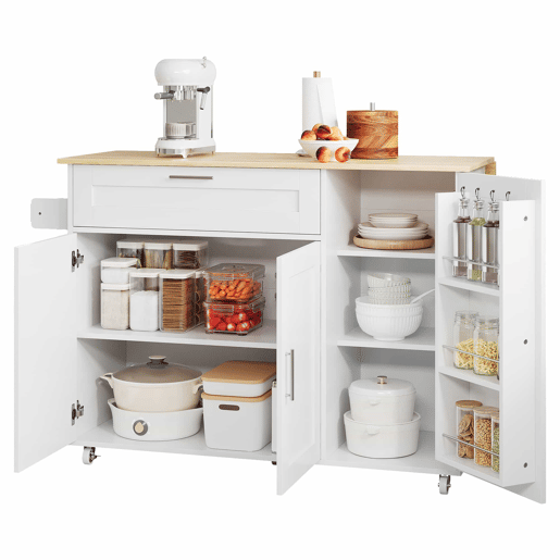 Mesa de cozinha móvel 132,5x44(70)x90 cm - design dobrável, prateleira para temperos, 5 rodas - Branco + Natural