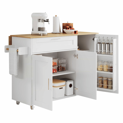 Mesa de cozinha móvel 132,5x44(70)x90 cm - design dobrável, prateleira para temperos, 5 rodas - Branco + Natural