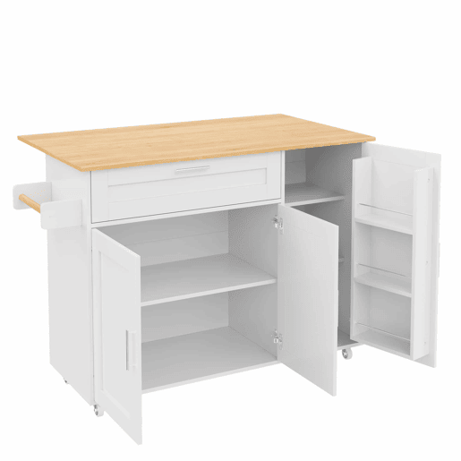 Mesa de cozinha móvel 132,5x44(70)x90 cm - design dobrável, prateleira para temperos, 5 rodas - Branco + Natural