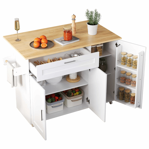 Mesa de cozinha móvel 132,5x44(70)x90 cm - design dobrável, prateleira para temperos, 5 rodas - Branco + Natural